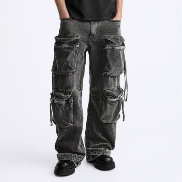 Zara Dark Gray Zip Strap Cargo Straight Relaxed Jeans - Picture 1 of 5